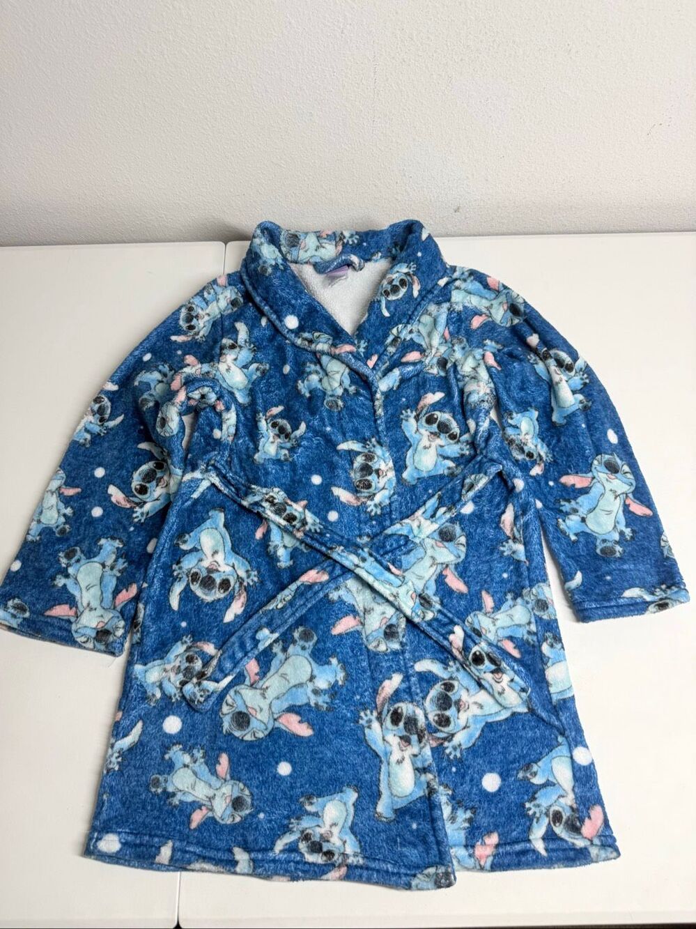 Disney Stitch Plush Bathrobe Blue Fleece Robe Belted Cozy Girls Size M 8